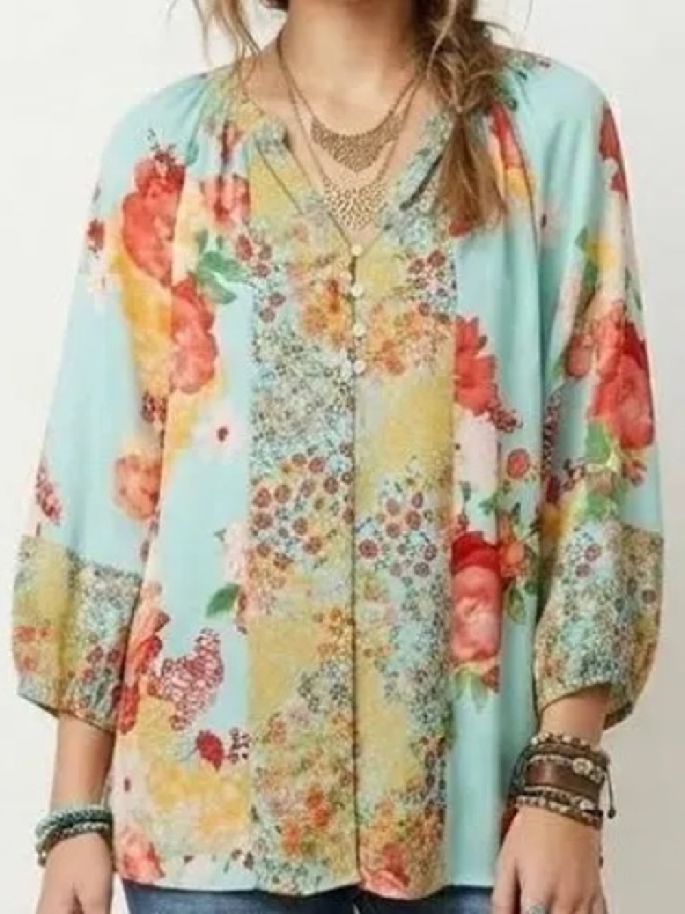 Figueroa & Flower Floral Patchwork Button-Front Women’s Top. Small